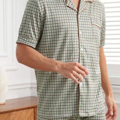 Men’s Plaid Collar Short Sleeve And Shorts Homewear Set