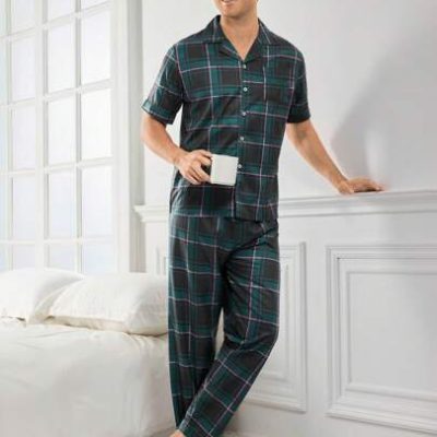 Men’s Plaid Short Sleeve Long Lounge Set