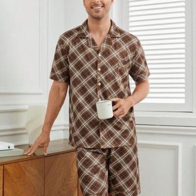 Men’s Plaid Short Sleeve Shirt And Shorts Homewear Set