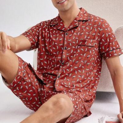 Men’s Printed Casual Short Sleeved Pajama Set Including Short Pants, Homewear