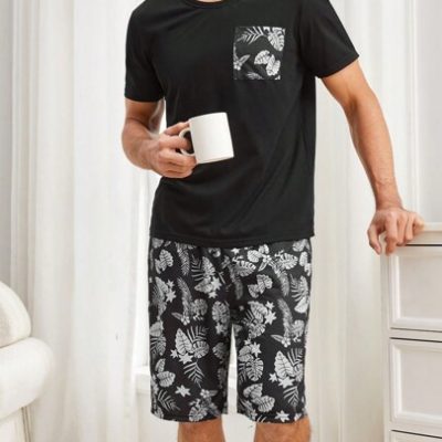 Men’s Round Neck Short Sleeve T-Shirt And Plant Printed Shorts Homewear Set