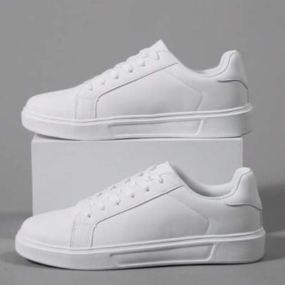 Men’s Round Toe Lace Up Soft Sole Casual Athletic Shoes In White, Pu Leather Upper, Low Cut Sneakers For Spring And Autumn