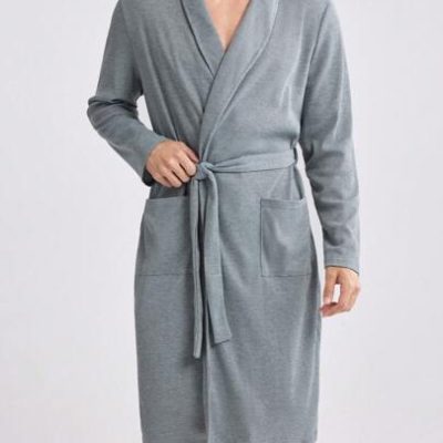 Men’s Shawl Collar Bathrobe With Belt, Double Pockets, Simple Style, Leisure Homewear