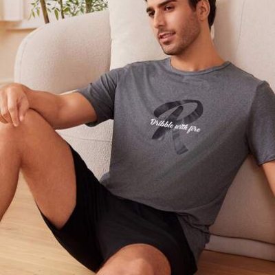 Men’s Short Sleeve Round Neck T-Shirt With Slogan Print And Shorts Pajamas Set