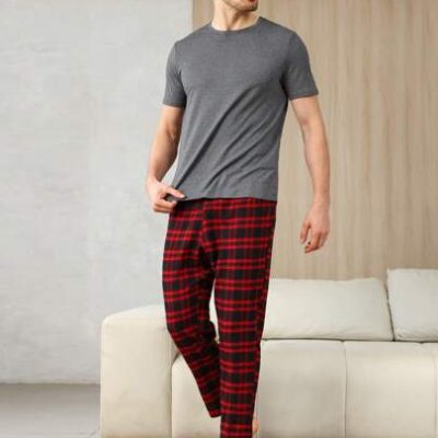 Men’s Short Sleeve T-shirt And Plaid Long Pants Homewear Set