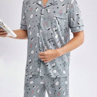 Men’s Simple Printed Short Sleeve And Shorts Homewear Set