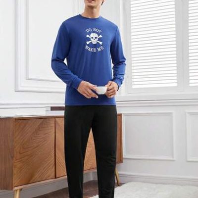 Men’s Skull Printed Round Neck Top And Solid Color Pants Homewear Set