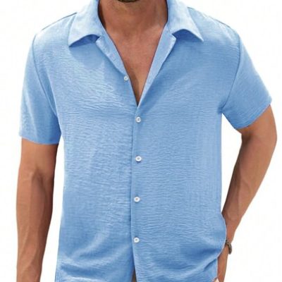 Men’s Slim Fit -Style Linen Guayabera Button-Down Short Sleeve Shirt For Summer Beach Wear