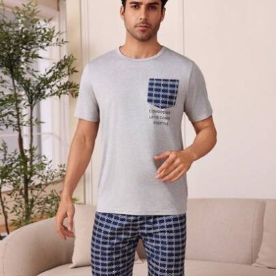 Men’s Slogan Print Round Neck Short Sleeve T-Shirt And Shorts Pajamas Set