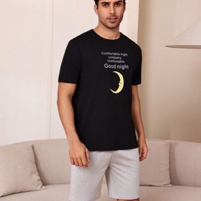 Men’s Slogan Printed Round Neck Short Sleeves And Shorts Home Wear Set