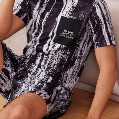 Men’s Slogan Printed Tie Dye Round Neck Short Sleeve T-Shirt And Shorts Homewear Set