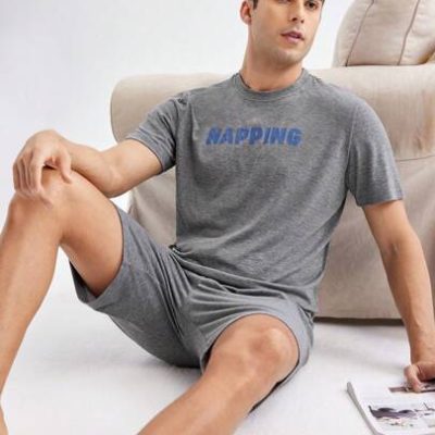 Men’s Solid Color Letter Print Short Sleeve And Shorts Homewear Set