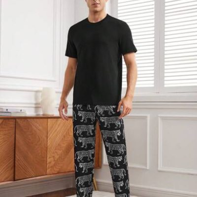 Men’s Solid Color Round Neck Short Sleeve Top And Tiger Print Long Pants Homewear Set