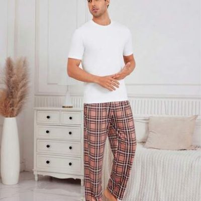 Men’S Solid Color Top & Plaid Long Pants Home Wear Set