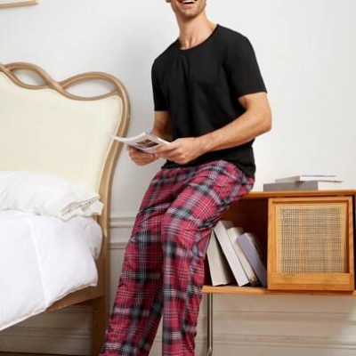 Men’s Solid Round Neck T-Shirt & Checkered Pants Homewear Set