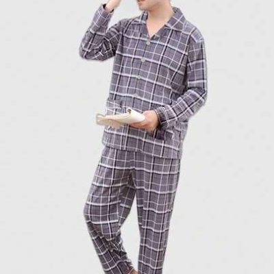 Men’s Spring And Autumn Plaid Long Sleeve Top And Pants Homewear Set