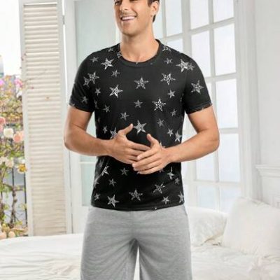 Men’s Star Printed Round Neck Short Sleeve T-Shirt And Shorts Homewear Set