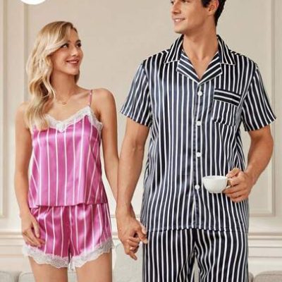 Men’s Stripe Collar Flip Front Pockets Homewear Set