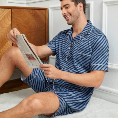 Men’s Striped & Printed Short Sleeve Shirt And Shorts Homewear Set