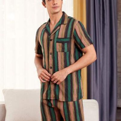 Men’s Vertical Stripe Short Sleeve Shirt And Home Wear Set