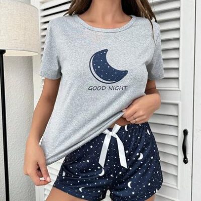 Moon & Slogan Graphic Tee & Bow Front Shorts PJ Set