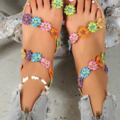 Multicolor Flower Flat Sandals Women New Toe Ring Roman Casual Beach Shoes