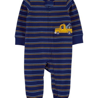 Navy Baby Striped Truck 2-Way Zip Cotton Sleep & Play Pajamas | carters.com