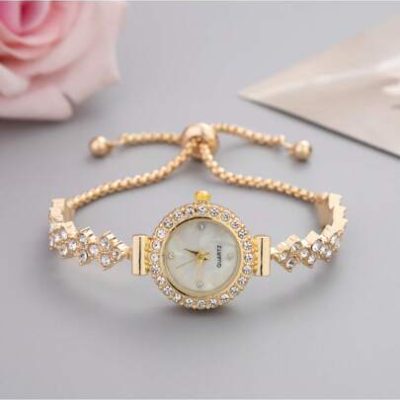 New Casual Fashion Ladies’ Bracelet Watch, Cute Round Dial Decorated With Crystals, Rhinestone Embellished Watchband, Alloy Quartz Watch, Gift