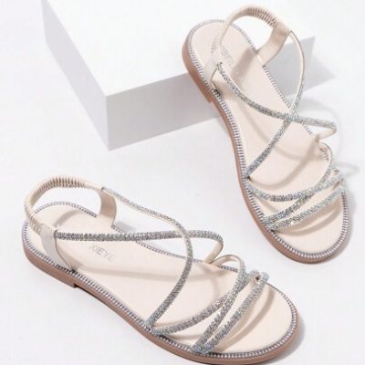 New Summer Decorative Rhinestone Fashion Elastic Band Versatile Roman Holiday Style Soft Flat Sandals