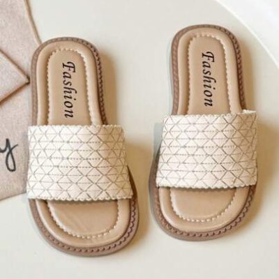 New Summer Girls” Weaved Casual Sandals, Flat Bottom Children Slippers For Beach, Kids” Outdoor Shoes