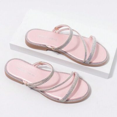 New Summer Rhinestone Decorated Roman Style Flat Sandals With Soft Sole And Half Toe Strap