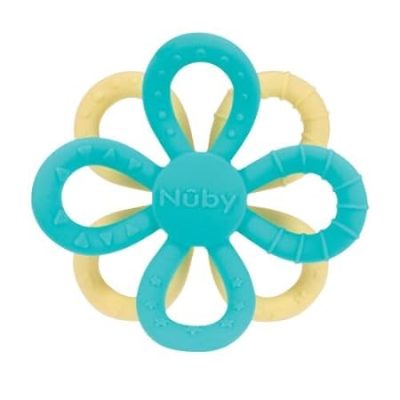 Nuby Fun Loops Teether, Flower-Shaped Infant Teething Toy for Babies, 3+ Months, 100% Soft Silicone for Delicate Gums, BPA-Free, Aqua/Yellow