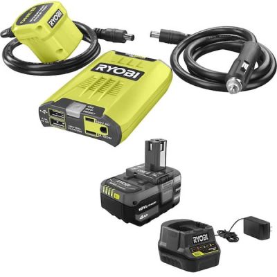 ONE Plus 18-Volt 120-Watt 12-Volt Automotive Power Inverter with Dual USB Ports – 4.0 Ah Battery and Charger