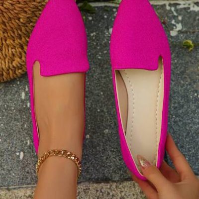 Oversize Eu 35-45 Trendy Pointed Toe Rose Red Cloth Surface Flat Shoes, Slip-On Style Women’s Shoes For Daily And Outdoor Wear