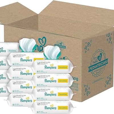 Pampers Sensitive Baby Wipes, Water Based, Hypoallergenic and Unscented, 8 Fip-Top Packs, 4 Refill Packs (1008 Wipes Total) [Packaging May Vary]