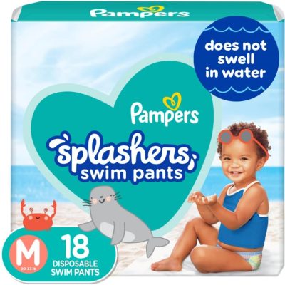 Pampers Splashers Swim Diapers – Size M, 18 Count, Gap-Free Disposable Baby Swim Pants