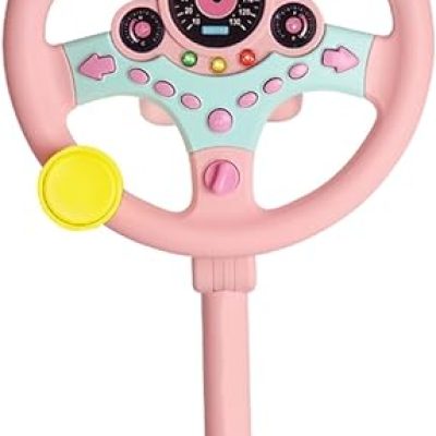 Passenger Seat Steering Wheel Toy, Educational Steering Wheel Toy with Music Light, Kids Car Driving Simulation Wheel for Kids Educational Gift Pink