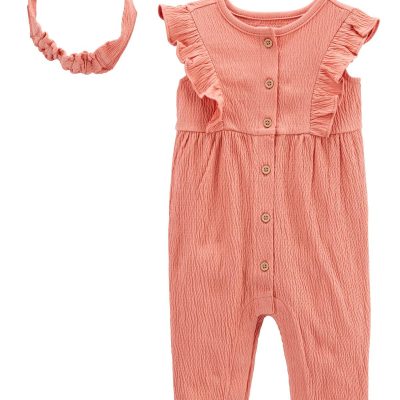 Pink Baby 2-Piece Crinkle Jersey Jumpsuit & Headwrap Set | carters.com