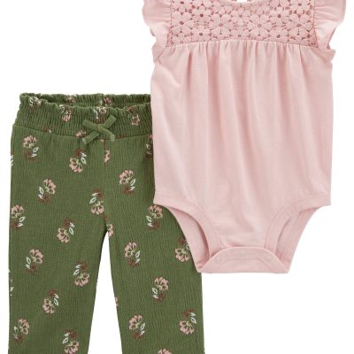 Pink/Green Baby 2-Piece Flutter Bodysuit & Floral Pant Set | carters.com