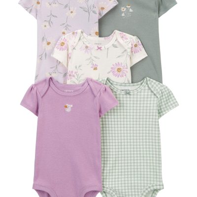 Purple/Green Baby 5-Pack Floral Short-Sleeve Bodysuits | carters.com