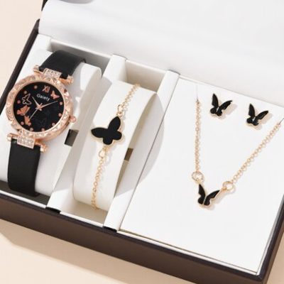 Rhinestone Decor Quartz Watch & 4pcs Butterfly Decor Jewelry Set