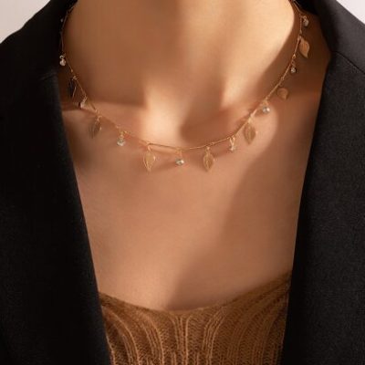 Rhinestone & Leaf Charm Necklace