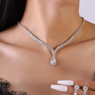 Rhinestone Water Drop Decor Drop Earrings & Necklace For Women For Party Banquet Wedding