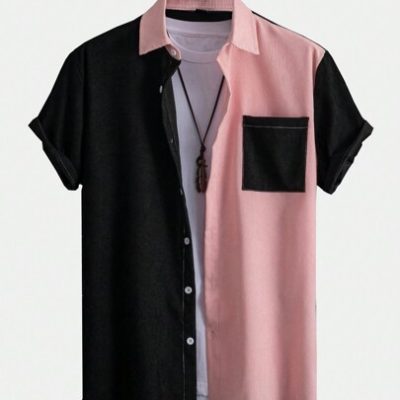 ROMWE Prep Men Colorblock Button Front Pocket Shirt Without Tee