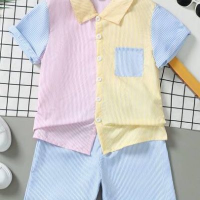 SHEIN 2pcs/Set Cute Shirt And Shorts Outfit For Tween Boy