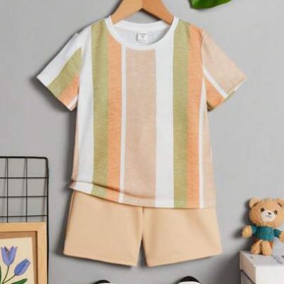 SHEIN 2pcs/Set Young Boys’ Casual Loose Comfortable Striped Short Sleeve Top And Shorts In Color Block