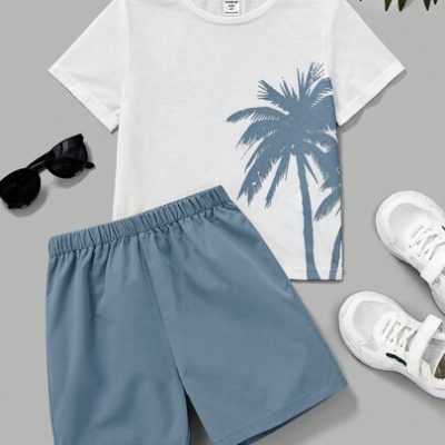 SHEIN 2pcs Young Boy’s Casual Comfortable Simple Palm Tree Printed T-Shirt And Shorts Set