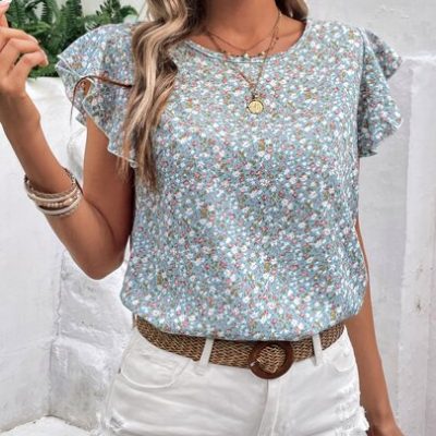 SHEIN Clasi Ditsy Floral Print Butterfly Sleeve Blouse