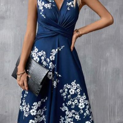 SHEIN Clasi Floral Print Twist Front A-Line Dress Blue Dress