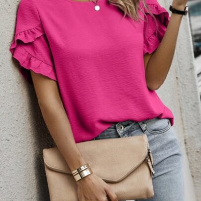 SHEIN Clasi Solid Color Ruffle Edge Cap Sleeve Blouse